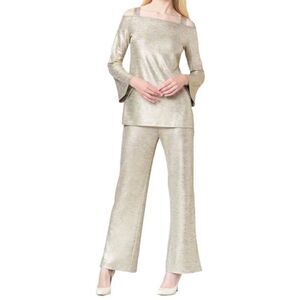 NWOT Clara Sun Woo Gold Lamé Open Shoulder Bell Sleeve Top and Classic Side Slit